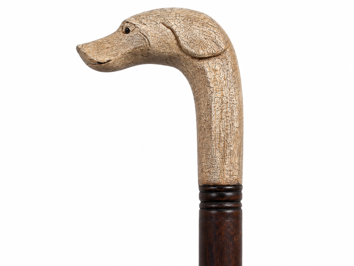 Pommeau de canne sculpté en tête de chien, bois clair sur fût foncé