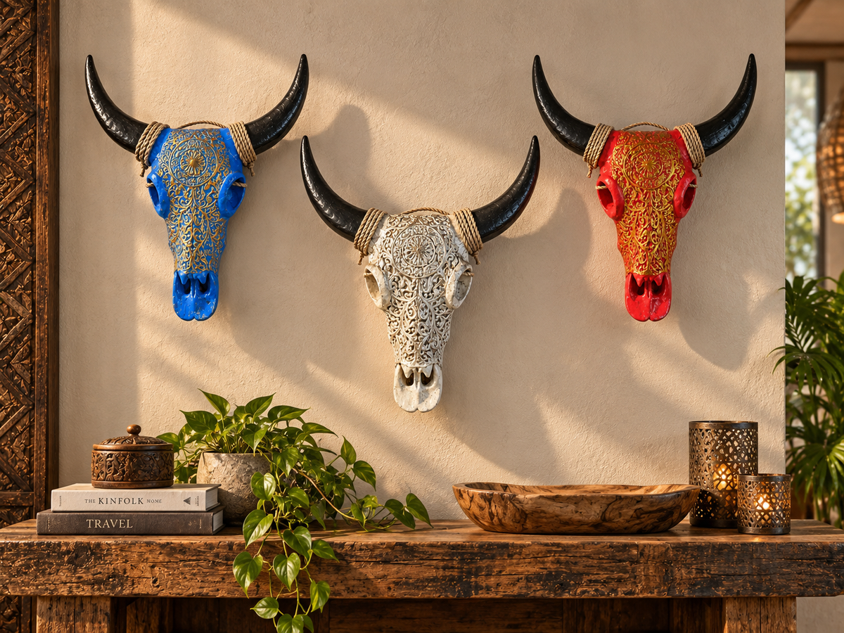 Trois crânes décoratifs muraux à cornes noires, en bleu, blanc et rouge