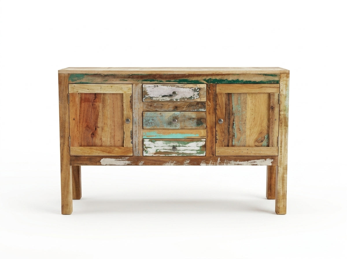 Console Diora vue de face, portes et tiroirs en bois recyclé peint