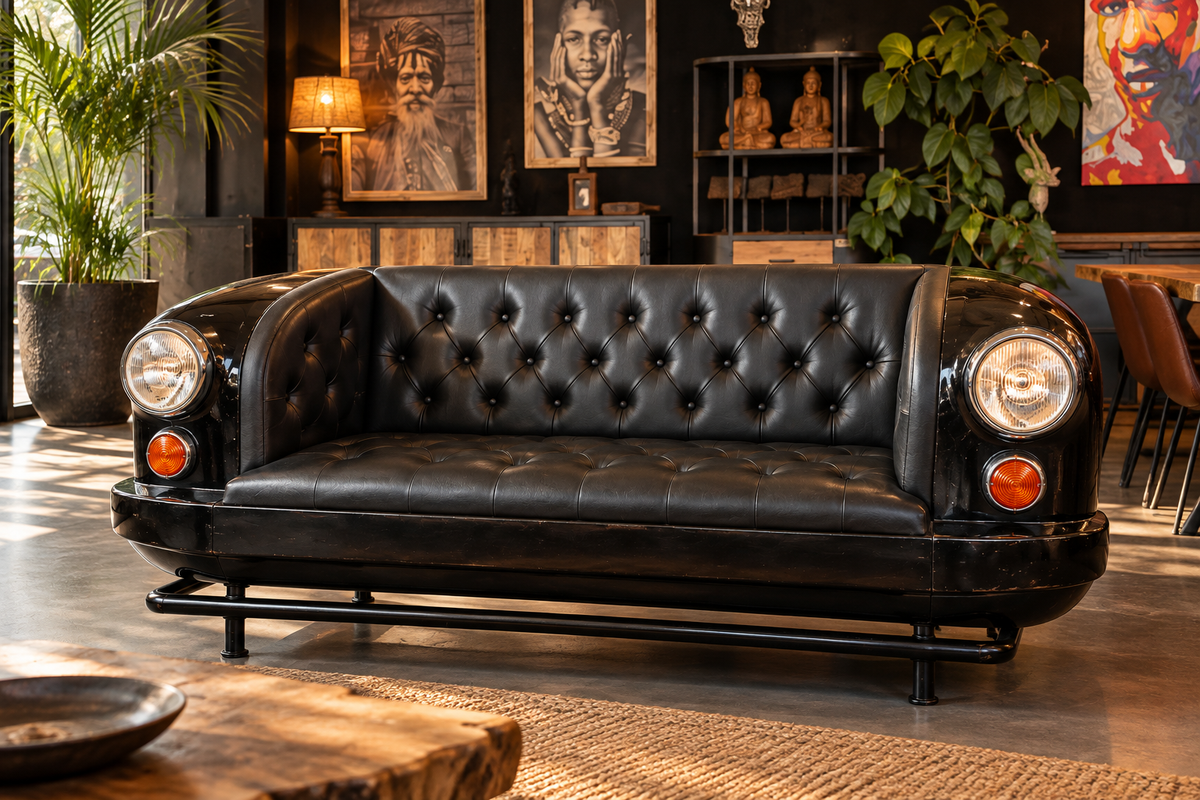 Sofa voiture en cuir noir capitonné dans un salon, phares et pare-chocs chromé