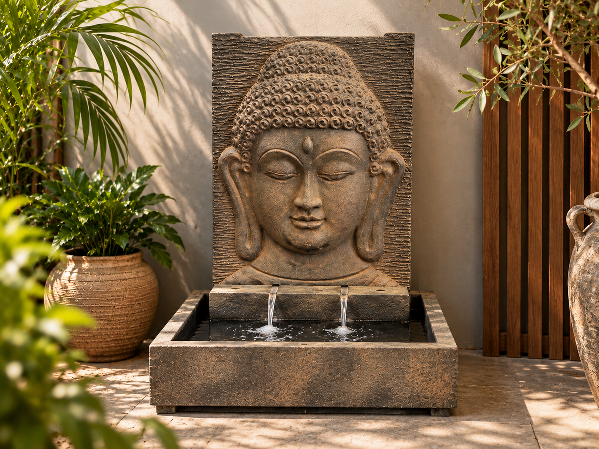 Fontaine Bouddha en béton sur une terrasse, l'eau coulant dans le bassin sous le visage sculpté