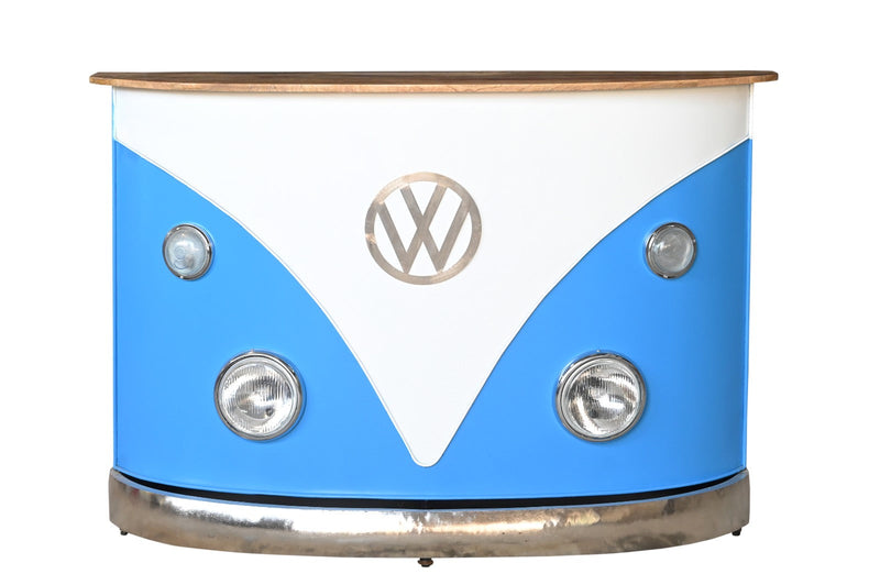 Bar monté sur un avant de minibus Volkswagen bleu et blanc